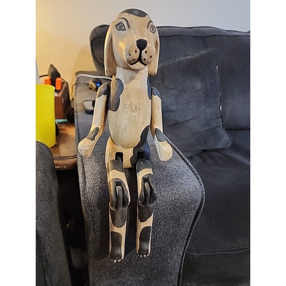 Vintage Folk Art Carved & Painted Wood Jointed Shelf Sitting Figure Dog Toy - Picture 1 of 14